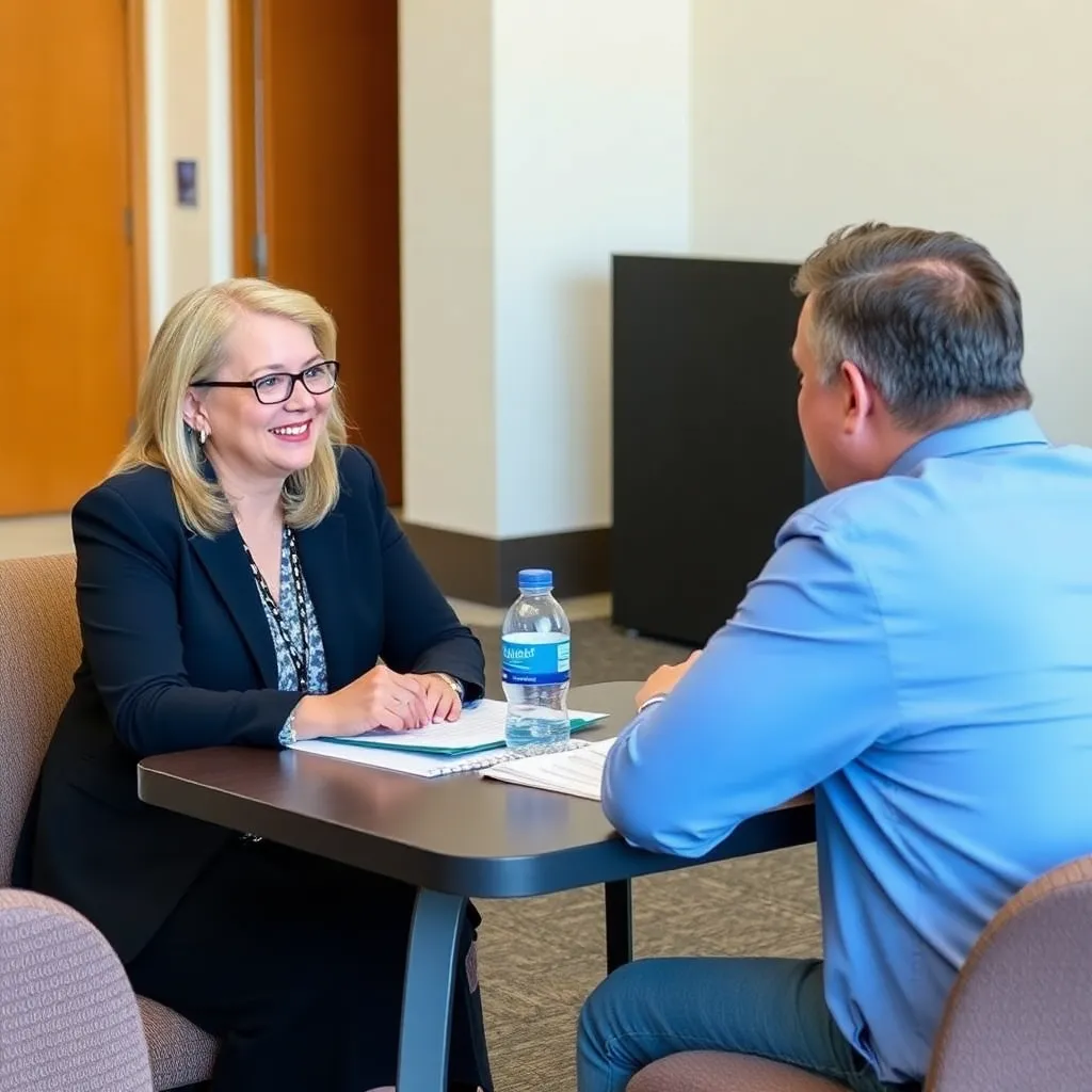 A woman conducting a mock interview with a man, both seated at a table with documents and a water bottle.