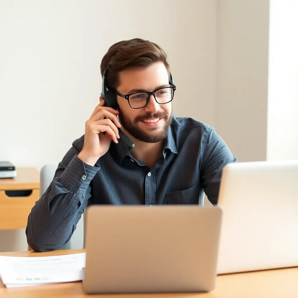 A man providing technical support over the phone, with a laptop and documents on the desk.