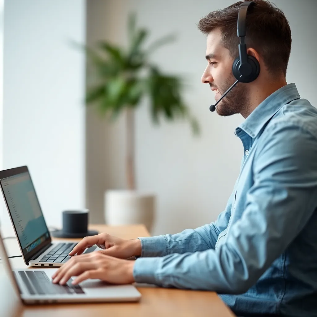 A man providing after service support over the phone, with a laptop and headset on the desk.